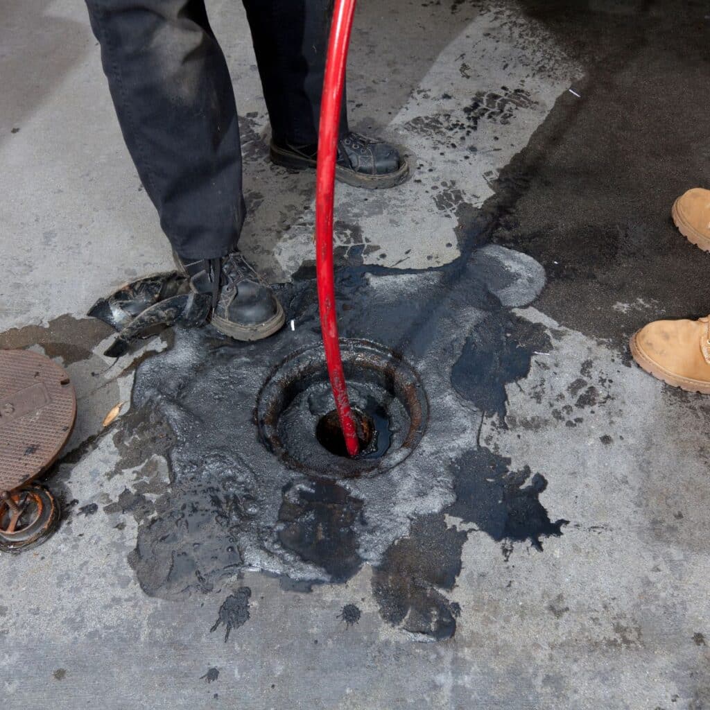 GPS tech using a hydrojet to clean a grease trap